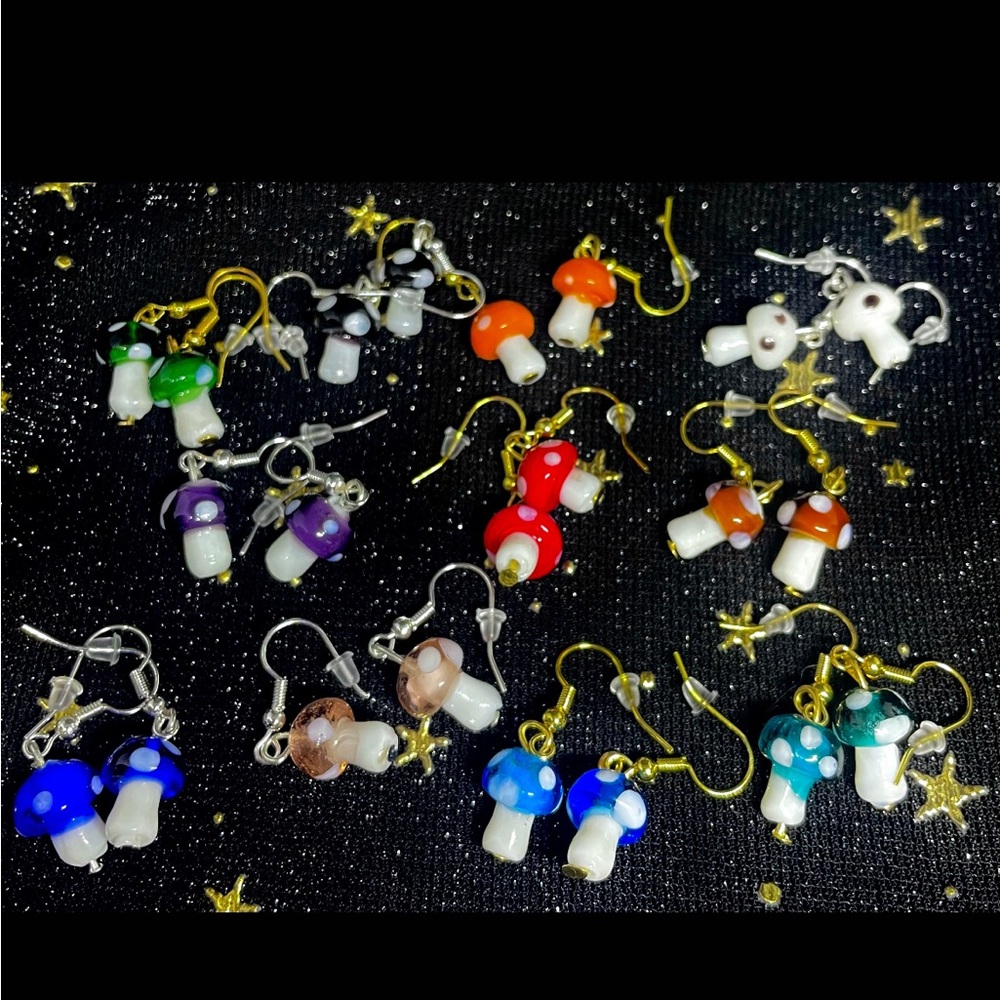 🍄 EARRINGS Mushroom Cottagecore Hypoallergenic Jewelry Rainbow Colorful Glass